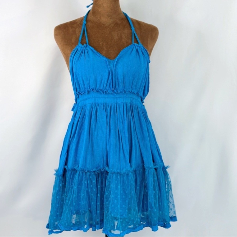 Halter‎ Mini Dress Women L Turquoise Blue Good Boho Swiss Dot Mesh